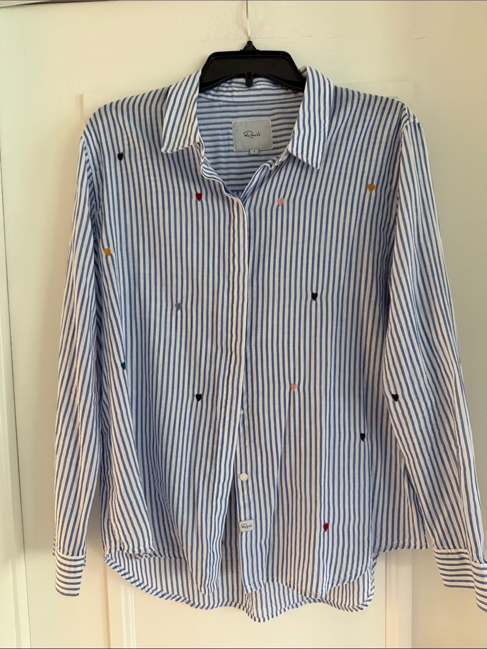 Rails Blue & White Striped Button-Up Shirt with Multicolor Embroidery